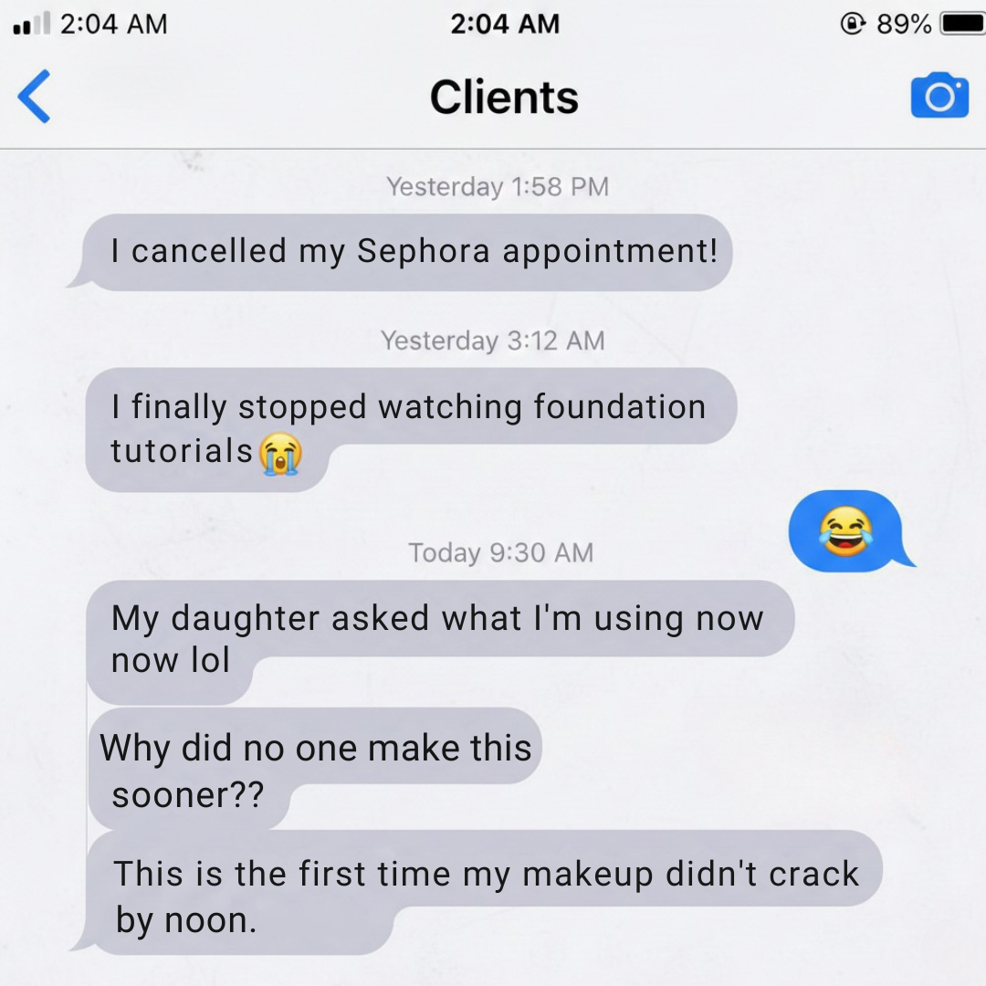 A screenshot of a text message conversation showing a client's positive testimonial about a beauty product.