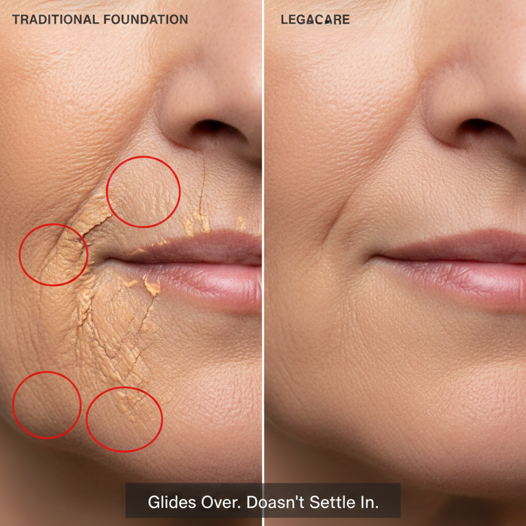 A split-screen image comparing cracked, caked-on foundation to a smooth application that doesn't settle into wrinkles.