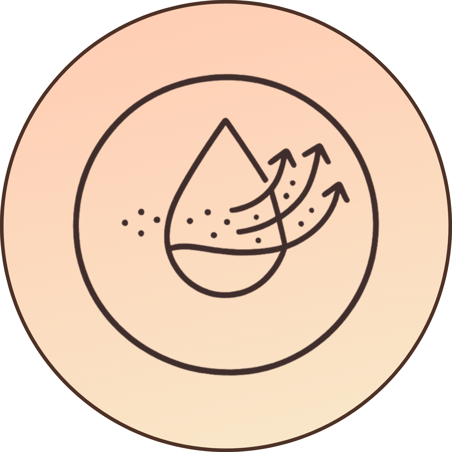 Icon of a droplet with arrows indicating movement and small dots on a gradient background.