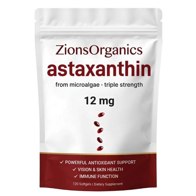 ZionsOrganics astaxanthin supplement package with dosage and health benefits listed.