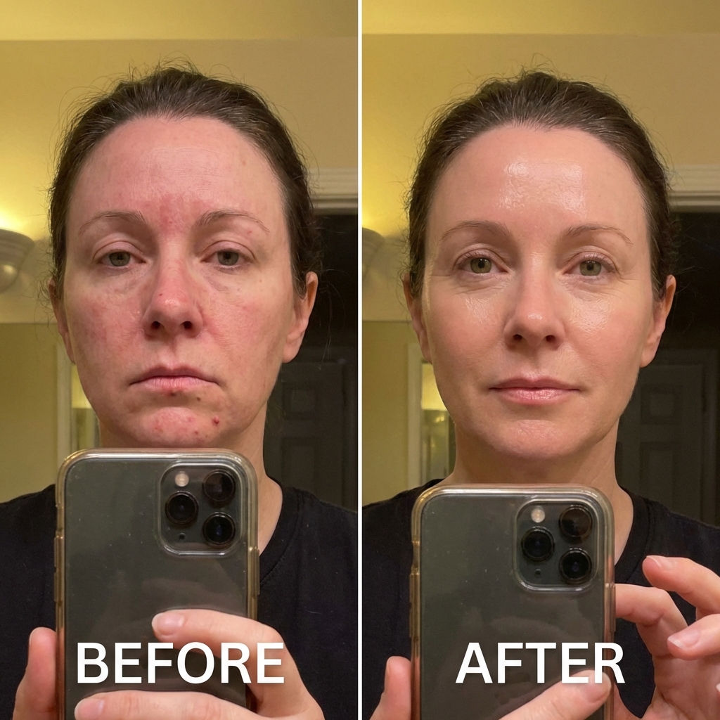A before and after photo showing a woman's face with a reduction in skin redness and blemishes.