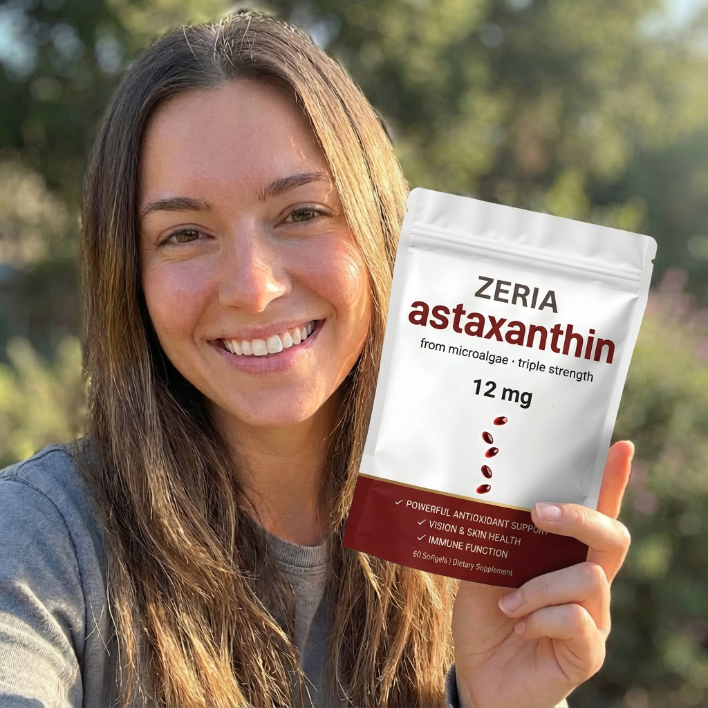 Person smiling holding a Zeria astaxanthin supplement package.