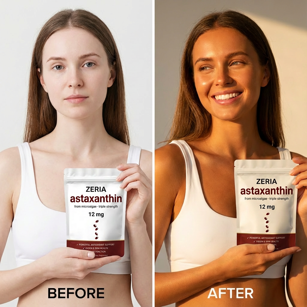 Two women holding astaxanthin supplement packages, labeled 'before' and 'after'.