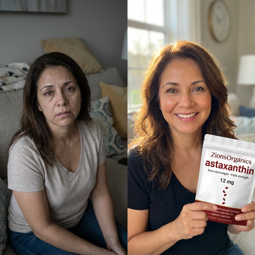 Woman before and after transformation, holding a supplement package, smiling.