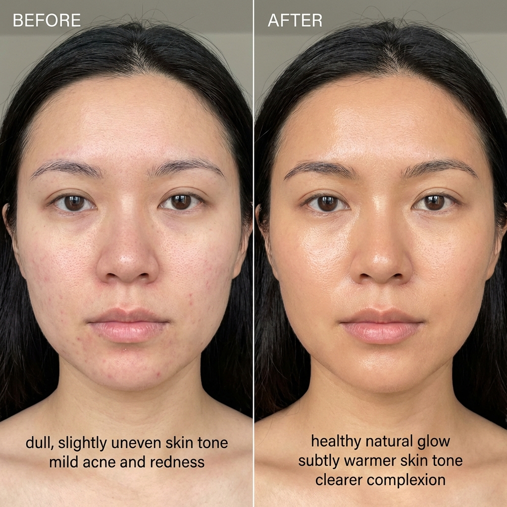 A before and after image showing a woman's facial skin with reduced acne and a clearer complexion.