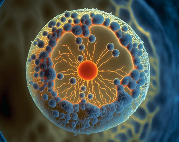 Abstract depiction of a cell with glowing orange nucleus and radiating lines.