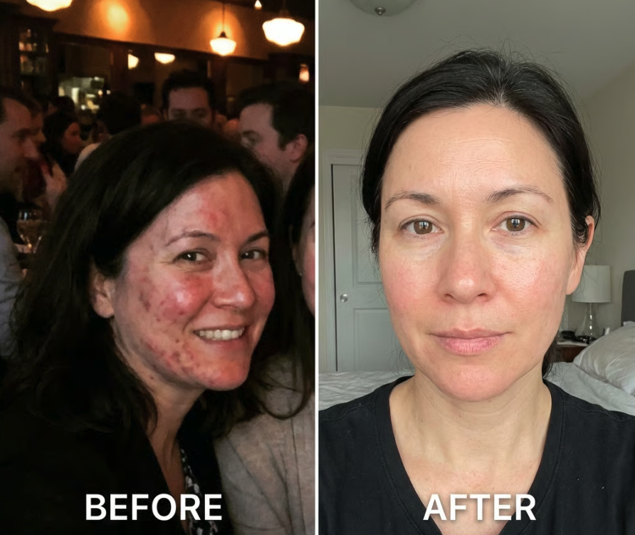 A before and after image showing a woman's face with a significant reduction in redness and blemishes.