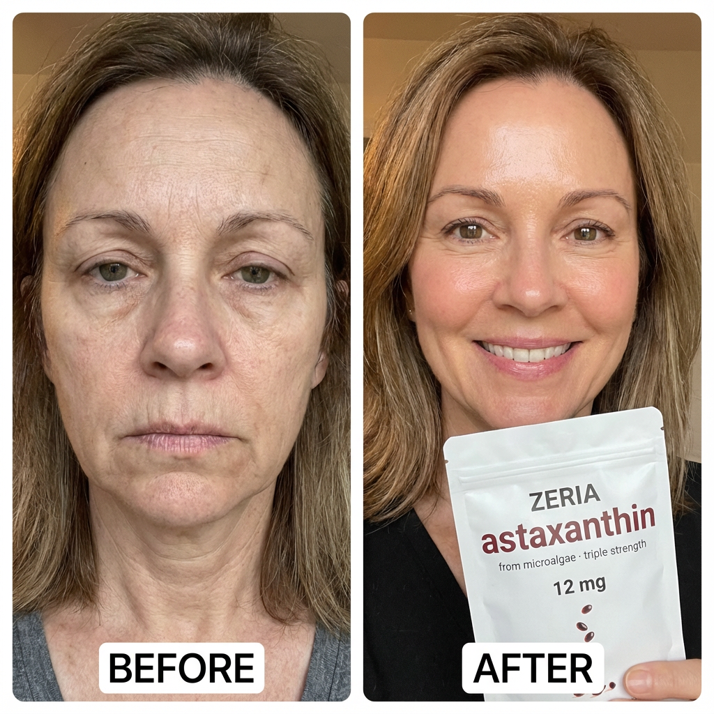 Side-by-side before and after photo of a woman holding a supplement package.