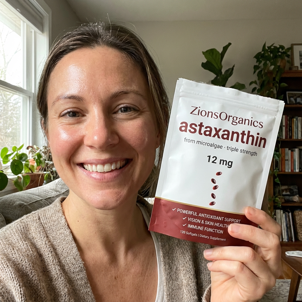 Person smiling, holding a package labeled 'astaxanthin' from microalgae.