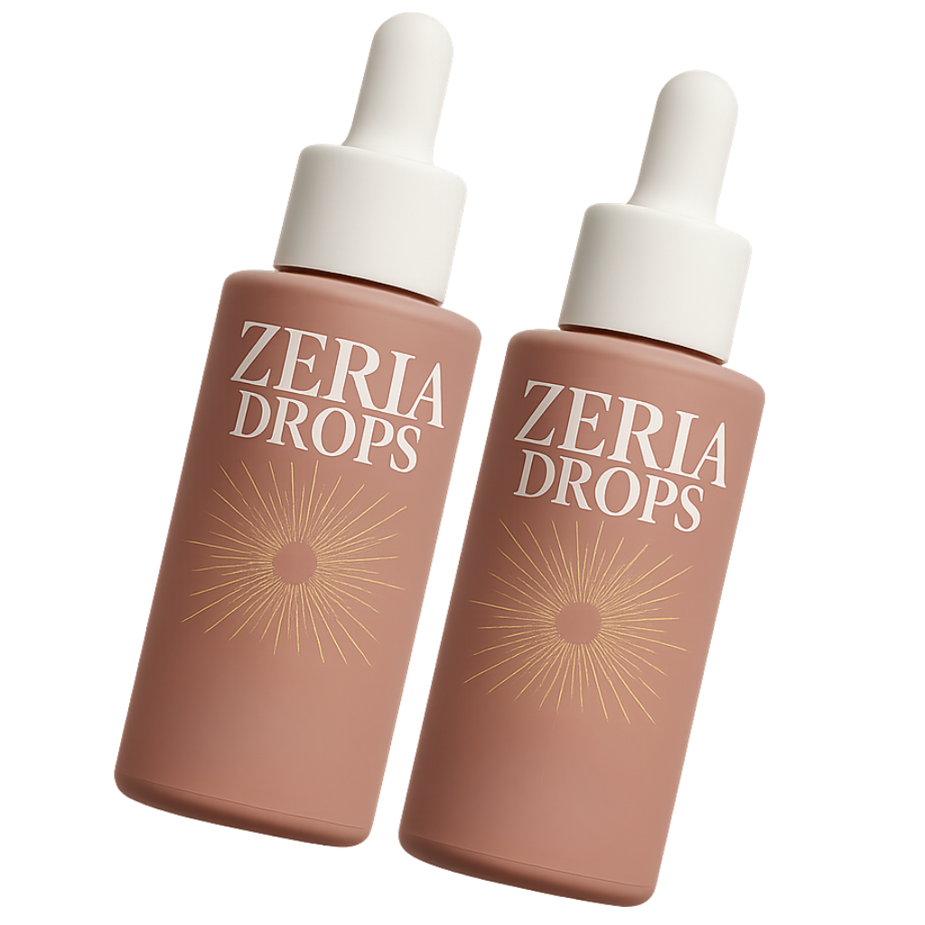 Two brown dropper bottles labeled 'Zeria Drops' with a sunburst design.