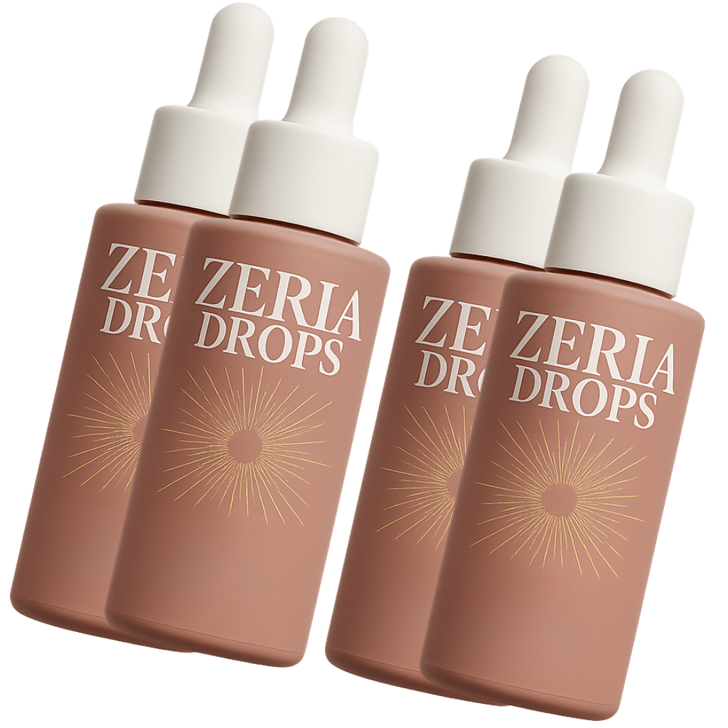 Four bottles of Zeria Drops with white droppers and sunburst design.