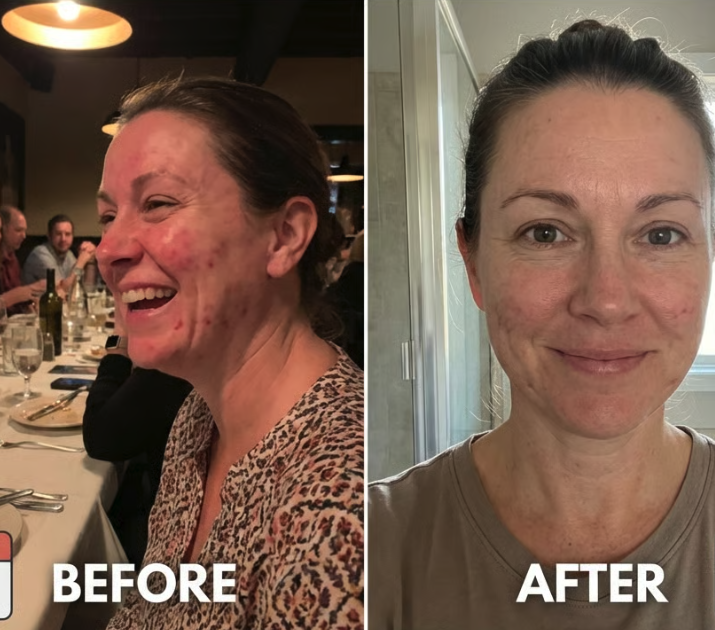 A before and after image showing a woman's face with acne on the left and clearer skin on the right.