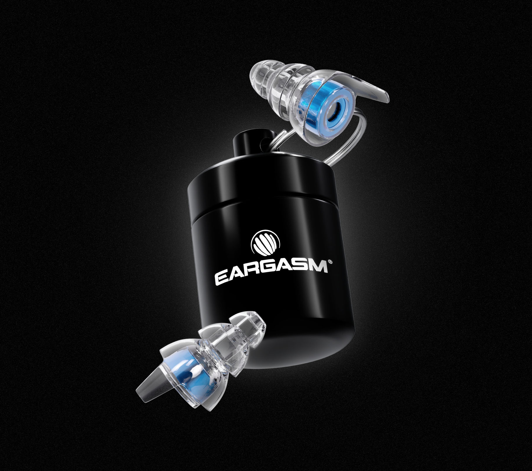 Black container with clear earplugs featuring blue accents on a dark background.