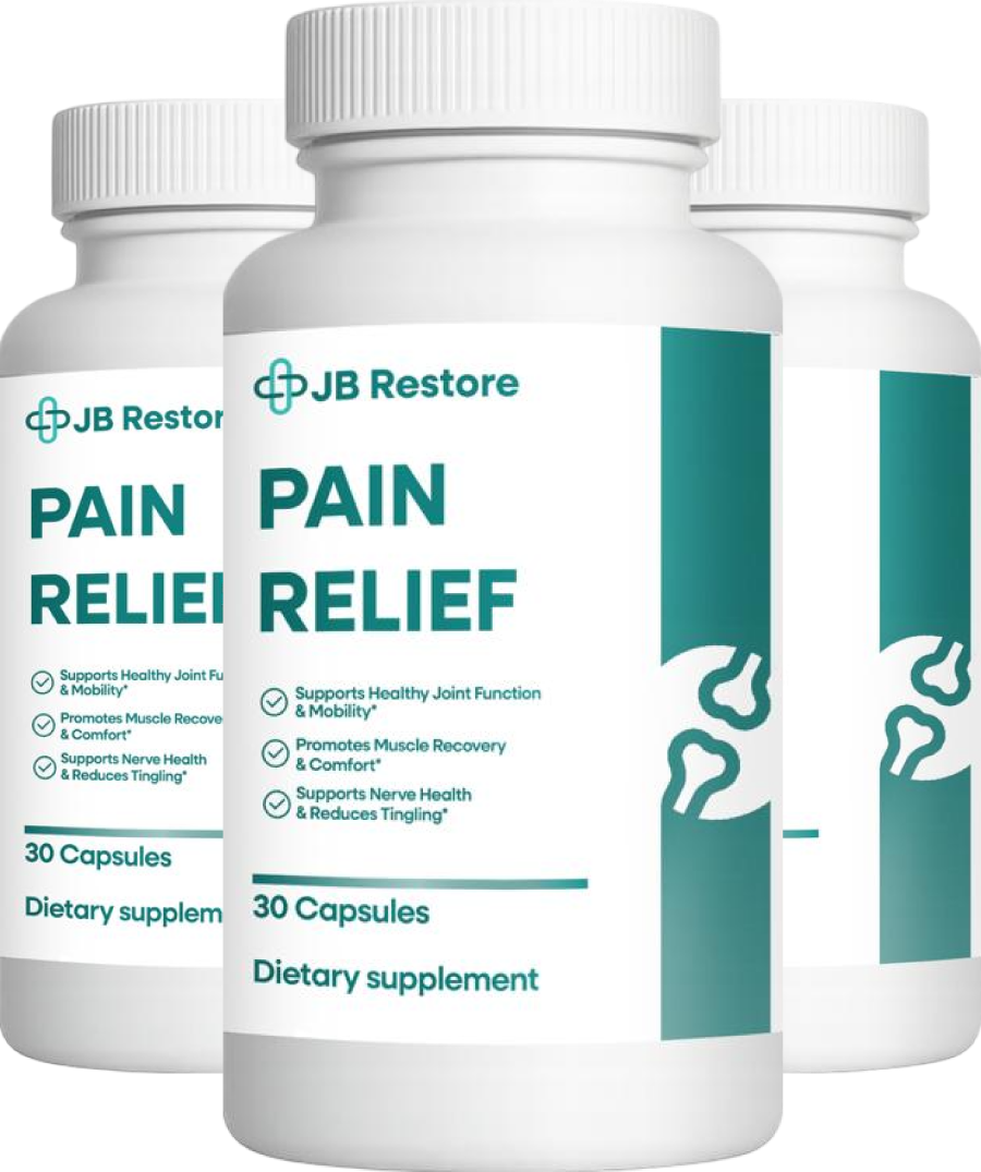 Three bottles of pain relief dietary supplement labeled 'JB Restore'.