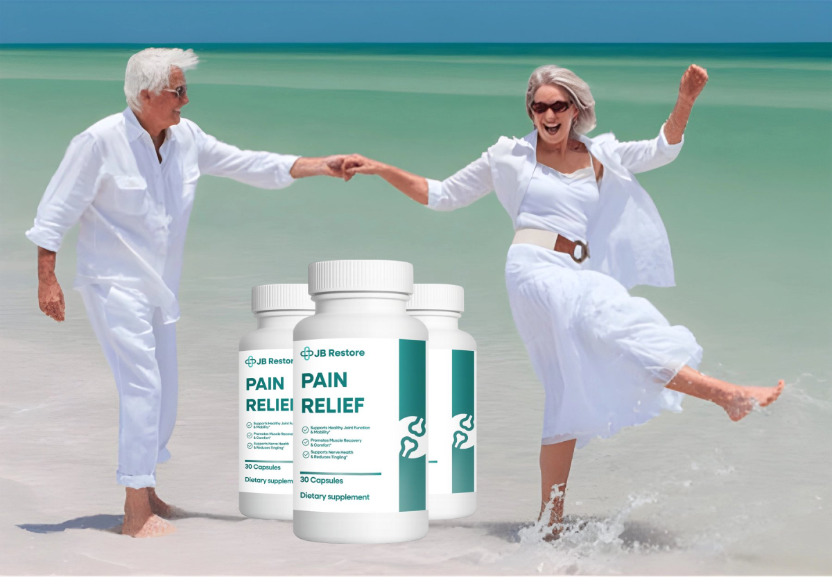 Elderly couple in white dancing on beach with pain relief bottles in foreground.