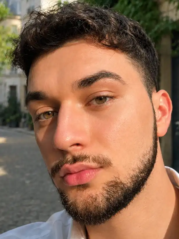 A close-up, sunlit photo of a young man with dark curly hair, a beard, and hazel eyes.