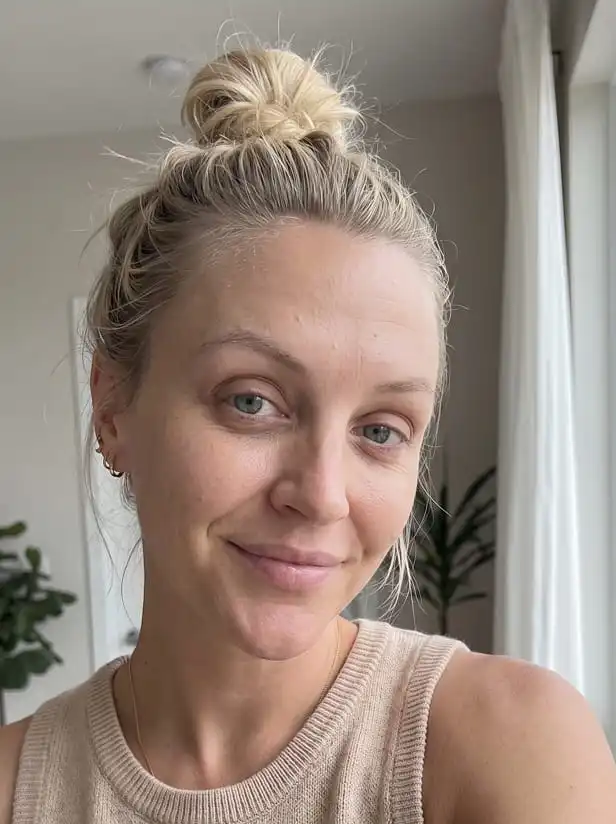 A close-up of a smiling blonde woman with her hair in a messy bun, wearing a tan top.