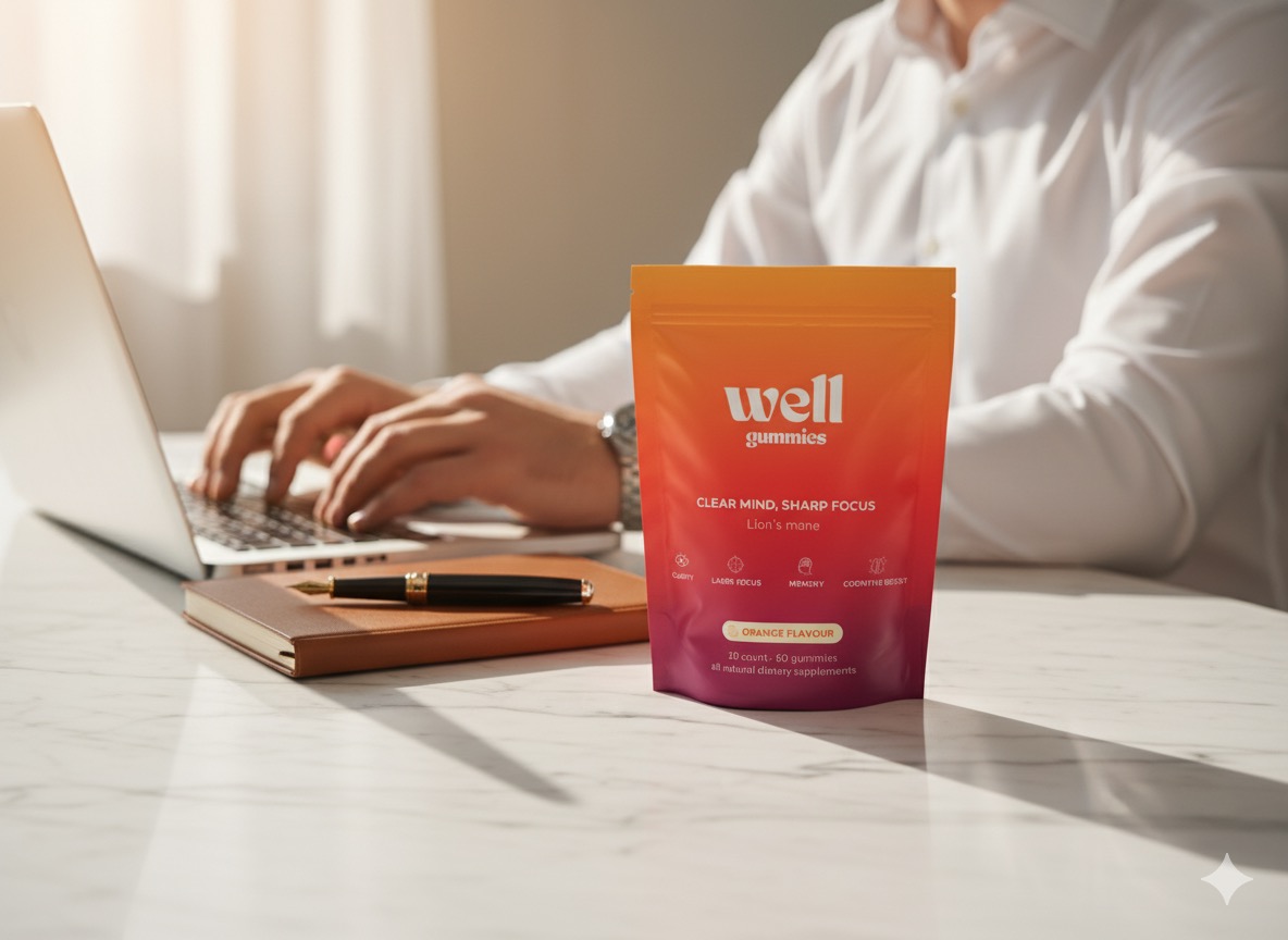 Package of Well Gummies on a desk with a laptop and notebook.