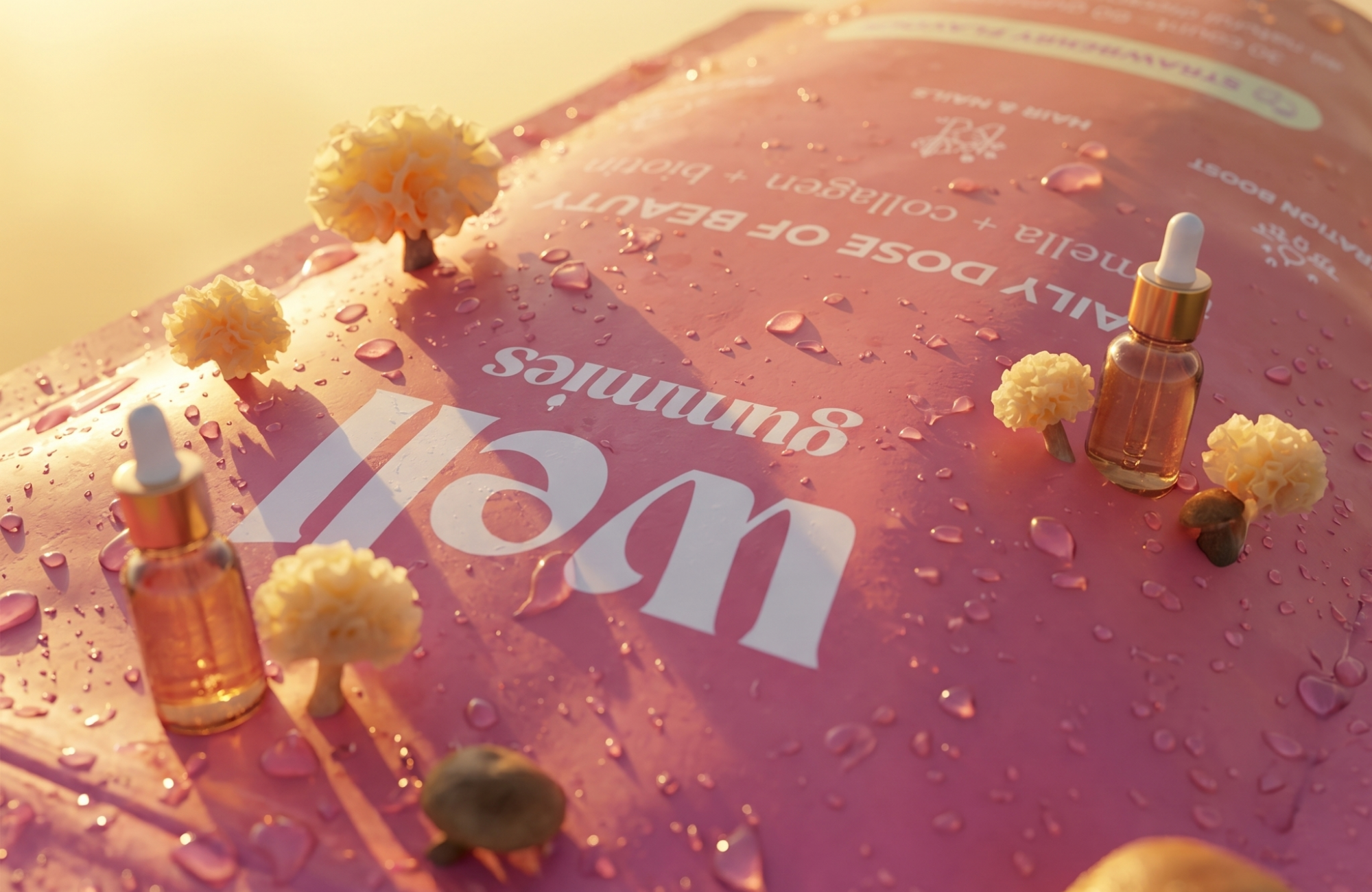A close-up of a pink pouch for 'Well gummies' covered in water droplets with small flowers and droppers.