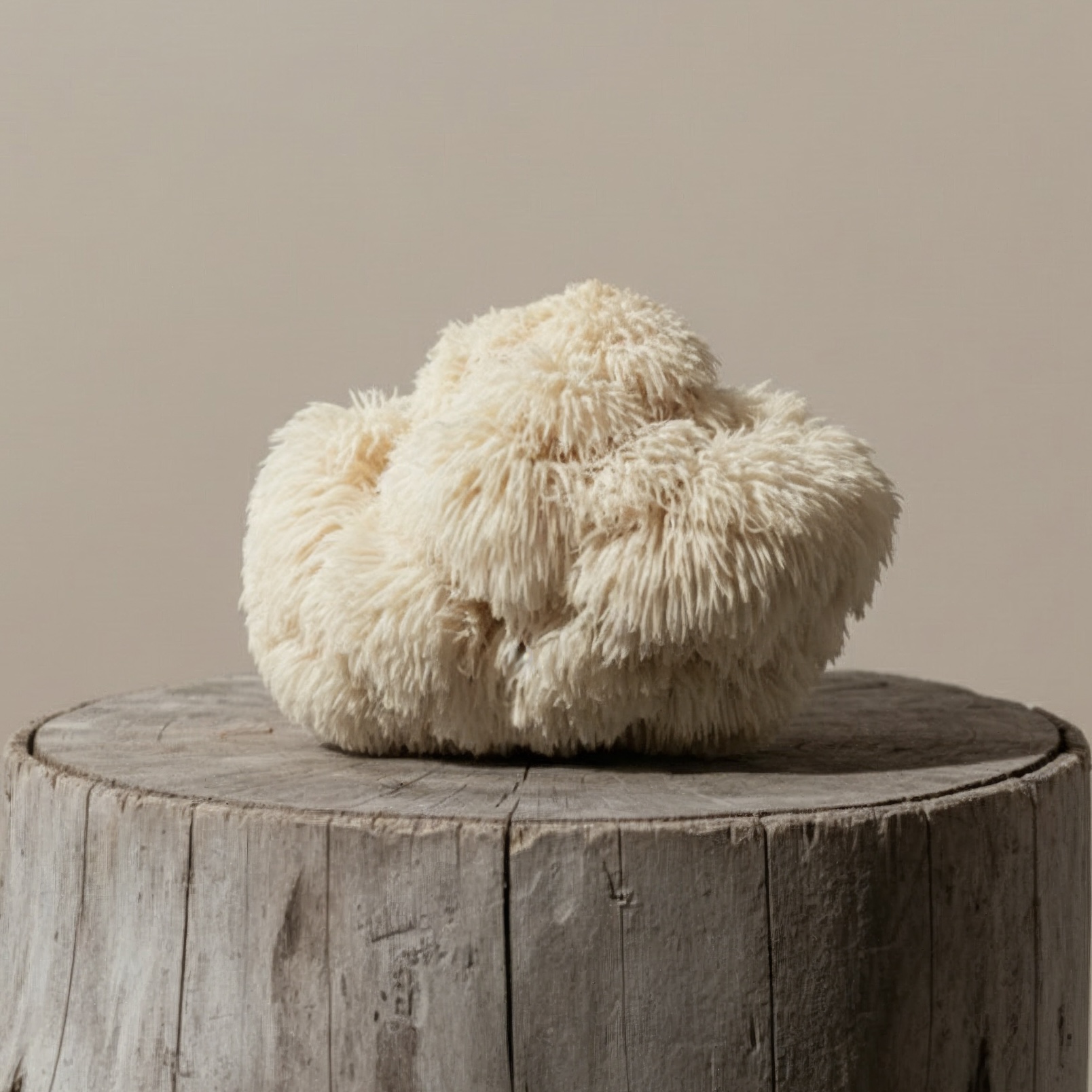 A fluffy, cream-colored object on a wooden stump.