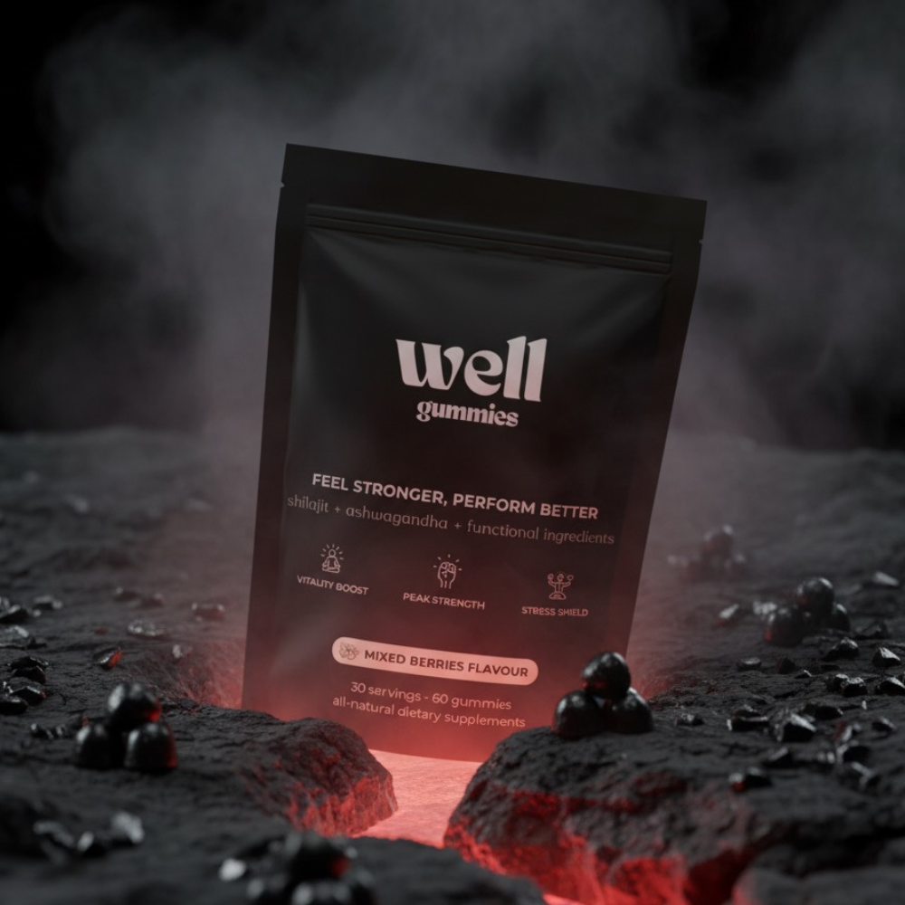 A black pouch of Well gummies sits in a rocky, cracked landscape glowing red from within.