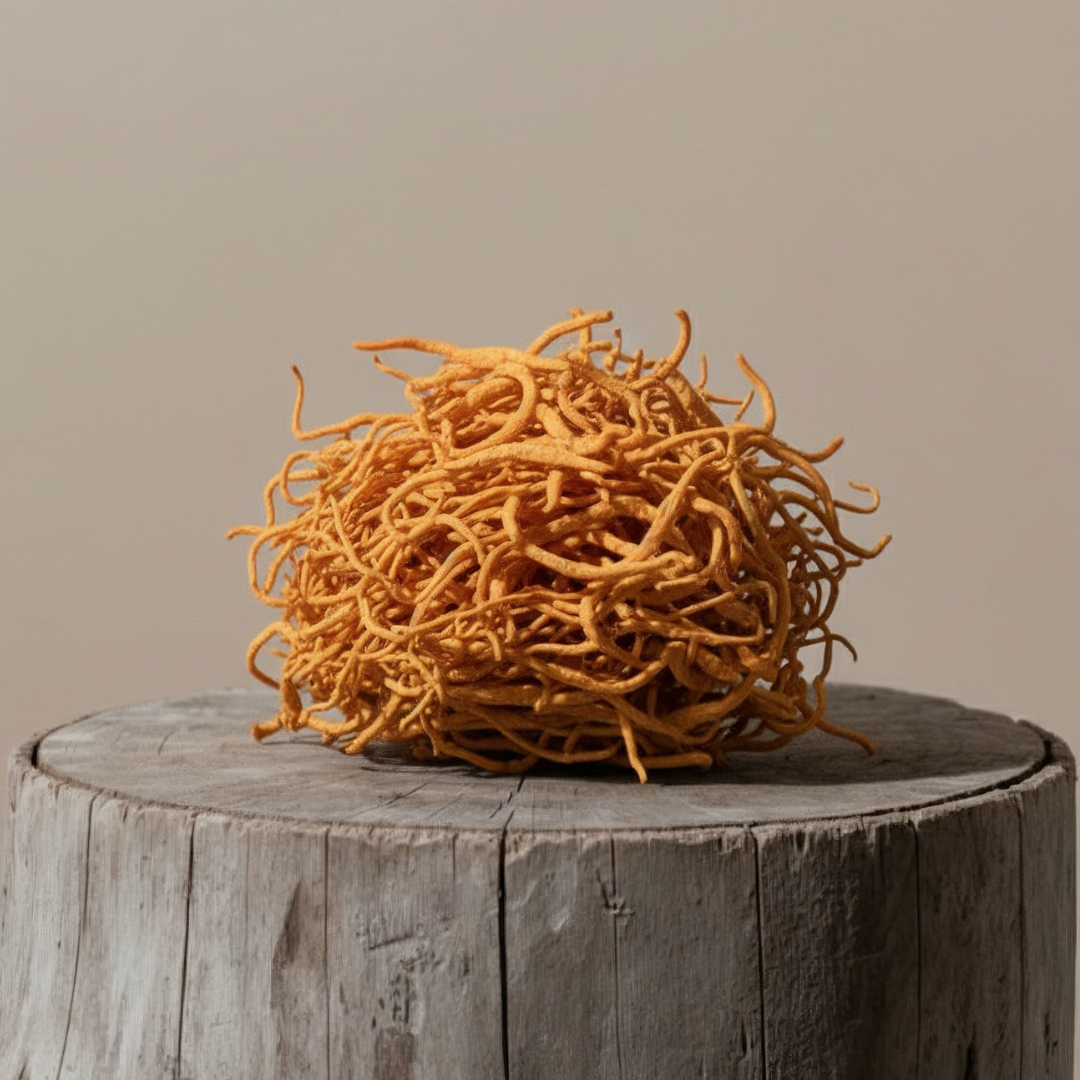 A tangled ball of crispy noodles on a wooden surface.