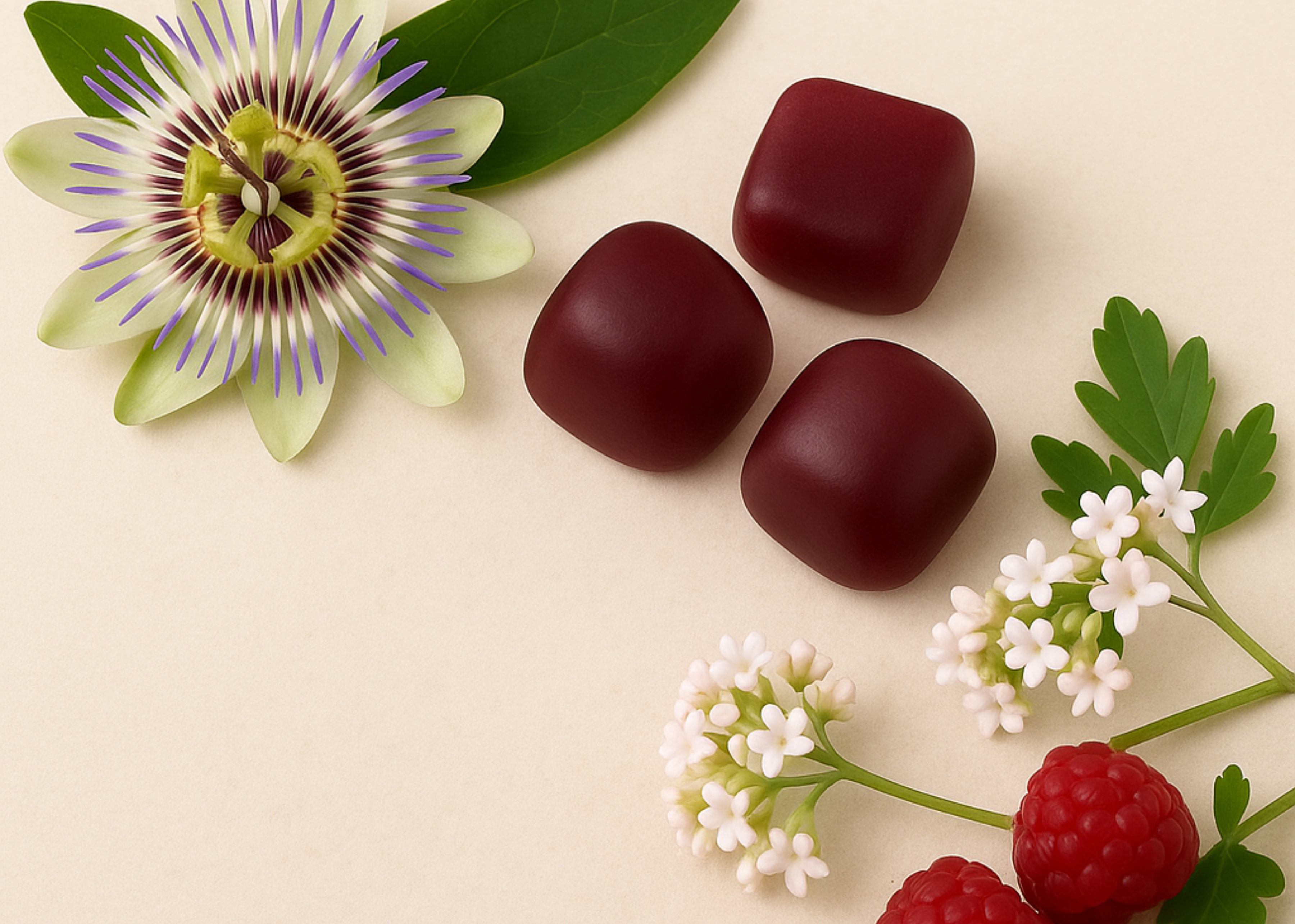 Passionflower, red gummies, white flowers, and raspberries on a light background.