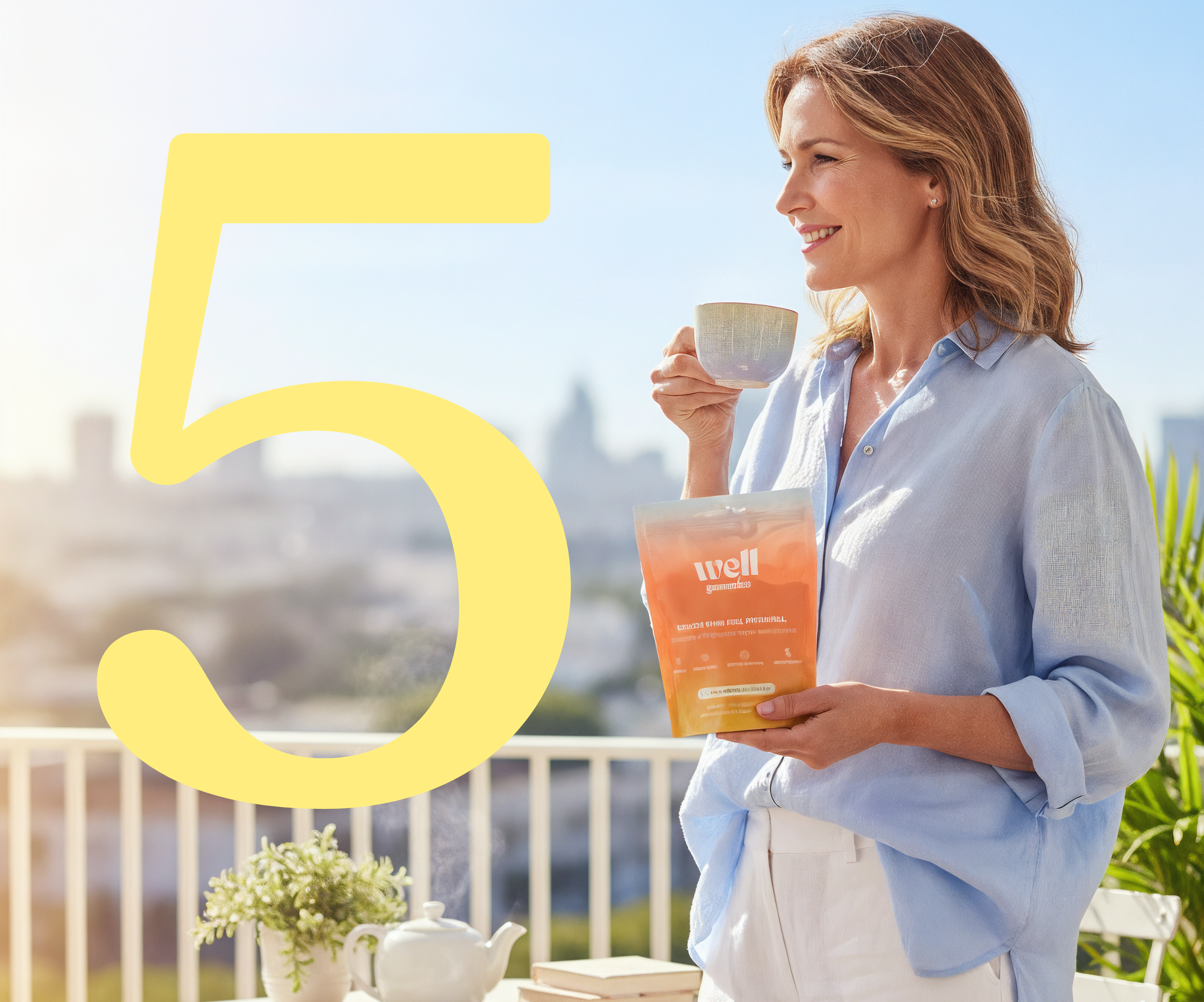 A woman on a sunny balcony holds a cup and a product pouch, with a large yellow 5.