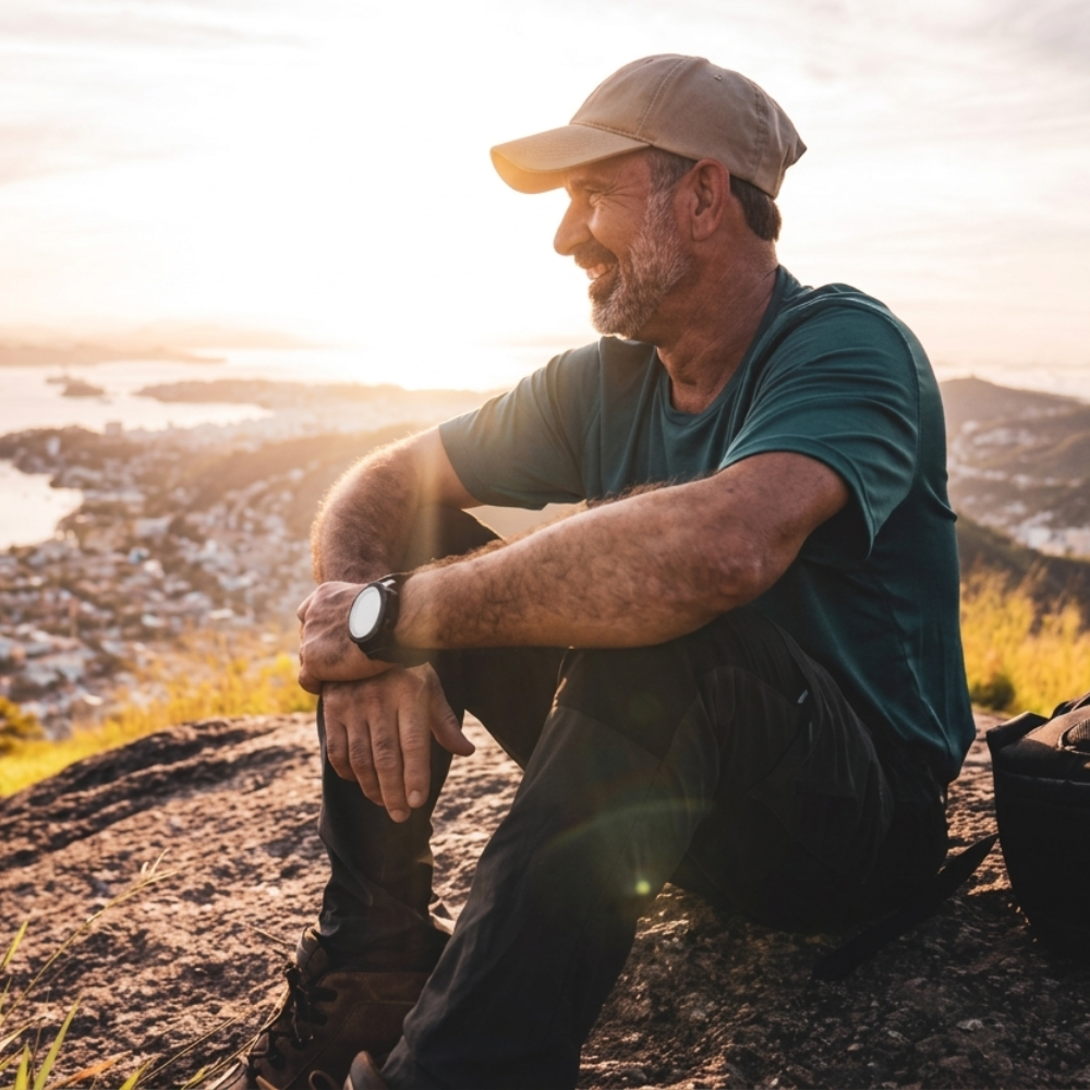 A smiling man in a cap and t-shirt sits on a rock overlooking a city and water at sunset.