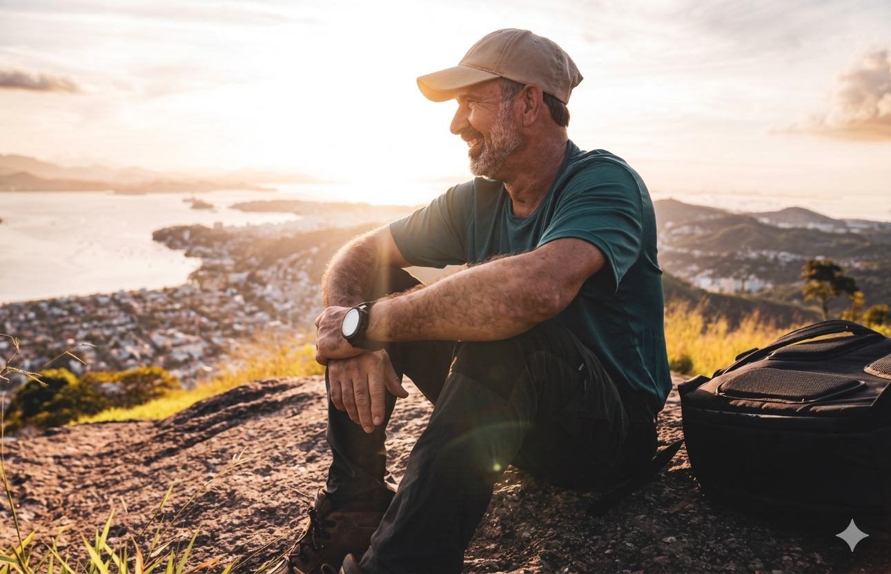 A smiling man in a cap sits on a rock overlooking a city and coastline at sunset.