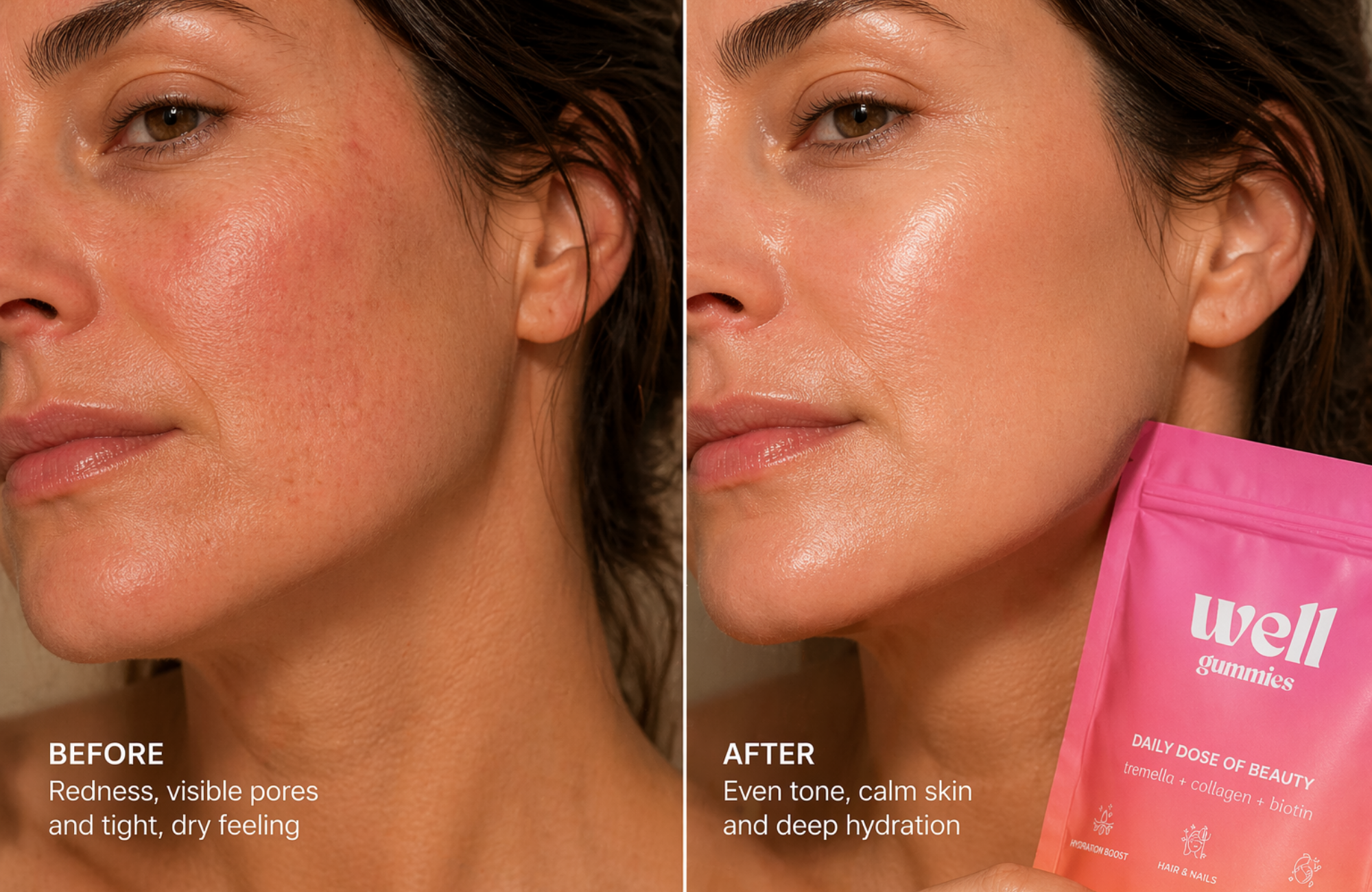 A before-and-after image showing improvement in a woman's facial skin, holding a pink pouch of Well gummies.