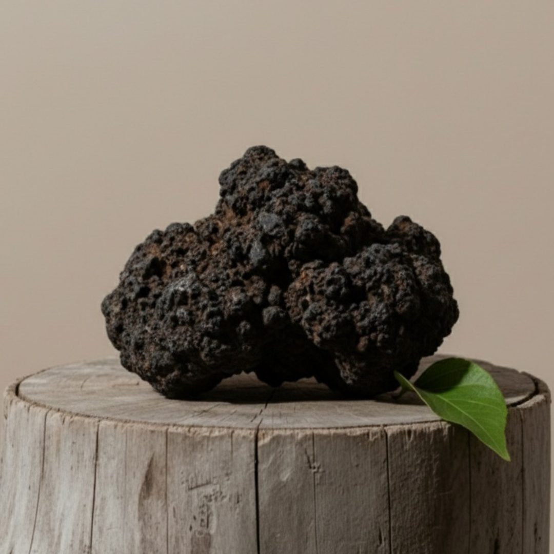 Dark, rough-textured rock on wooden surface, with a green leaf nearby.
