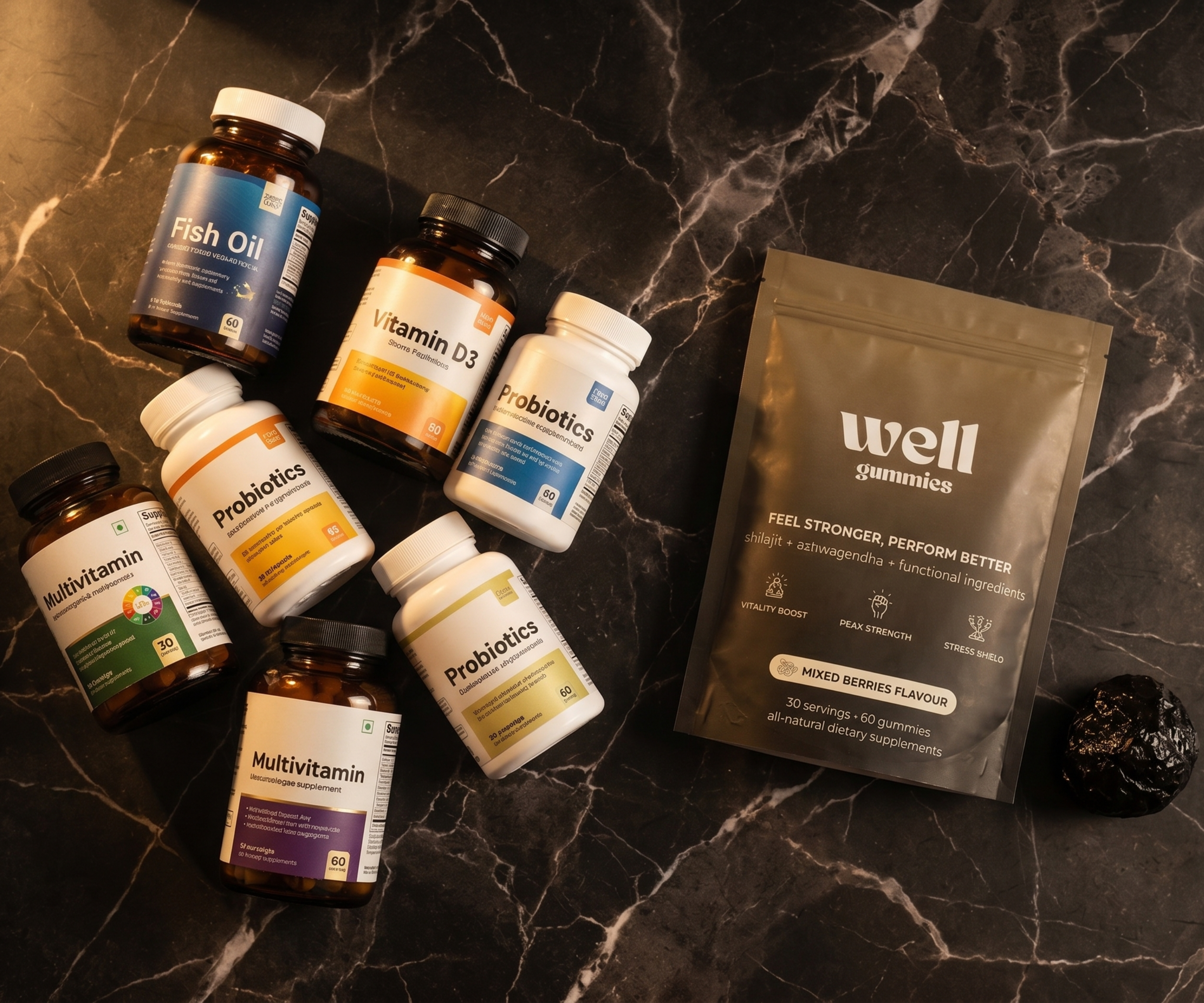 A collection of vitamin and supplement bottles and a pouch arranged on a black marble surface.