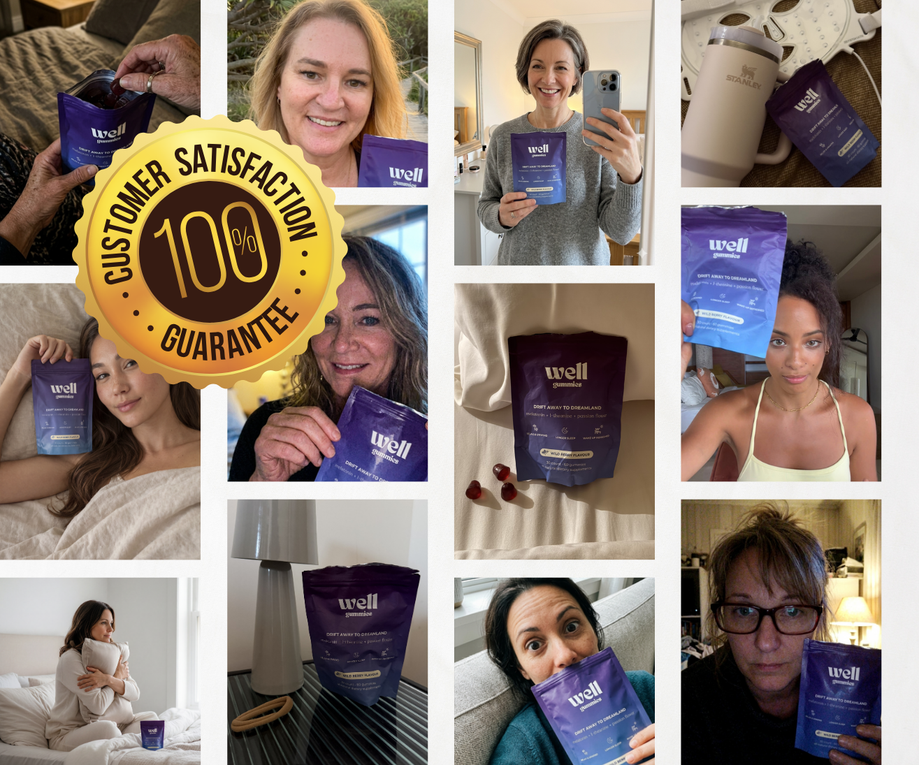 A collage of customer photos holding pouches of Well gummies, overlaid with a satisfaction guarantee seal.