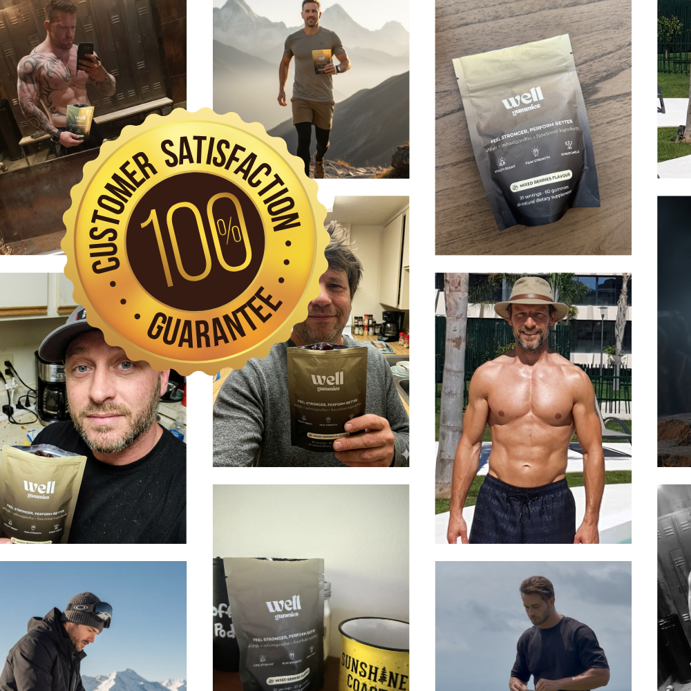 A photo collage of different men holding a product called Well Gummies, with a satisfaction guarantee seal.