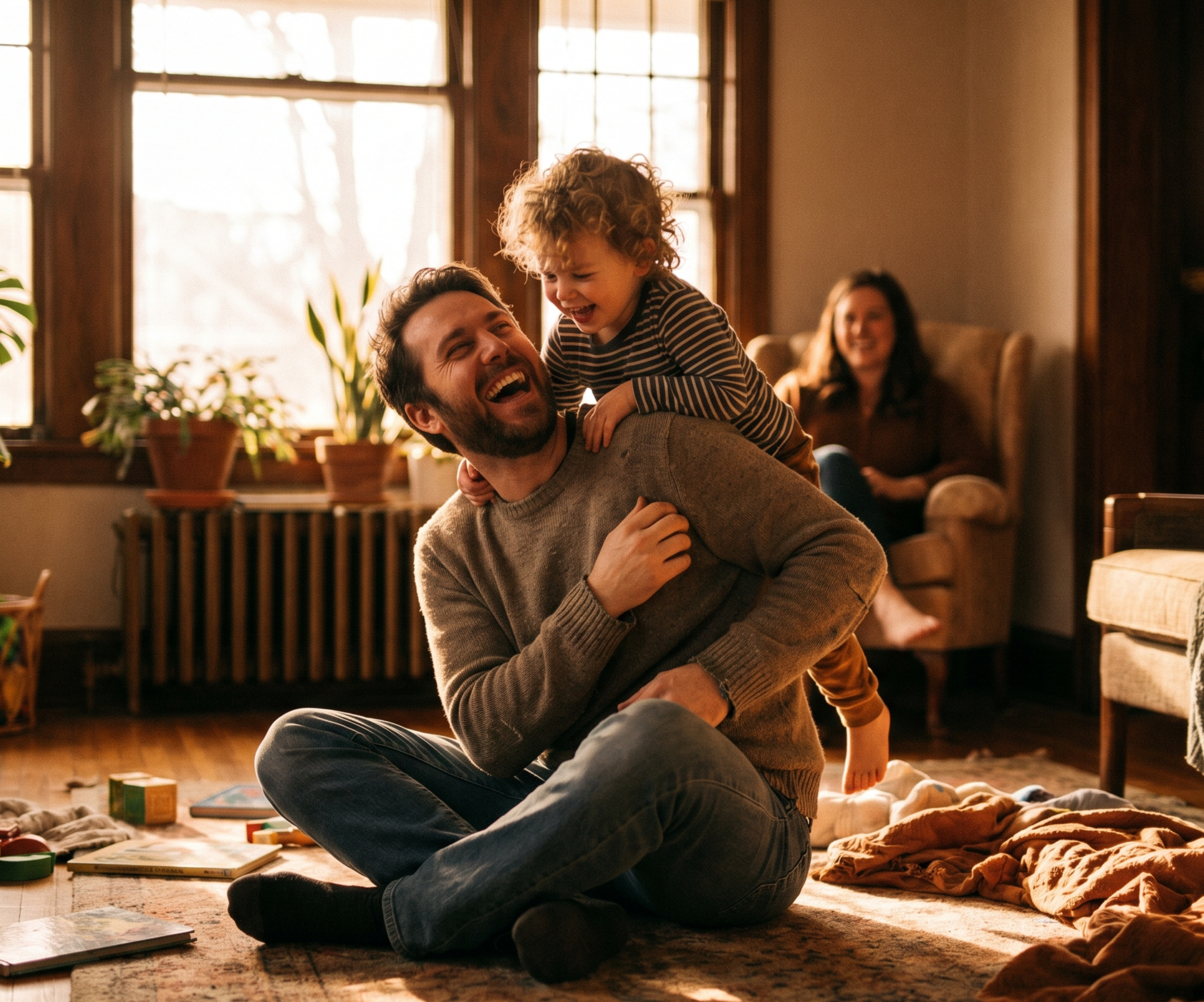 A father and toddler laugh while playing on the floor of a sunlit living room.