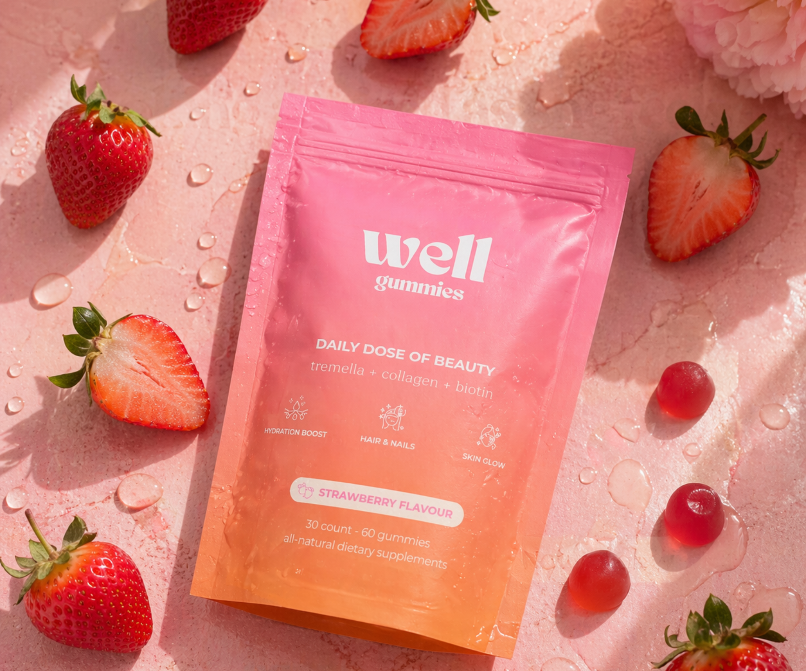 A pouch of Well strawberry gummies is displayed with fresh strawberries, loose gummies, and water droplets.