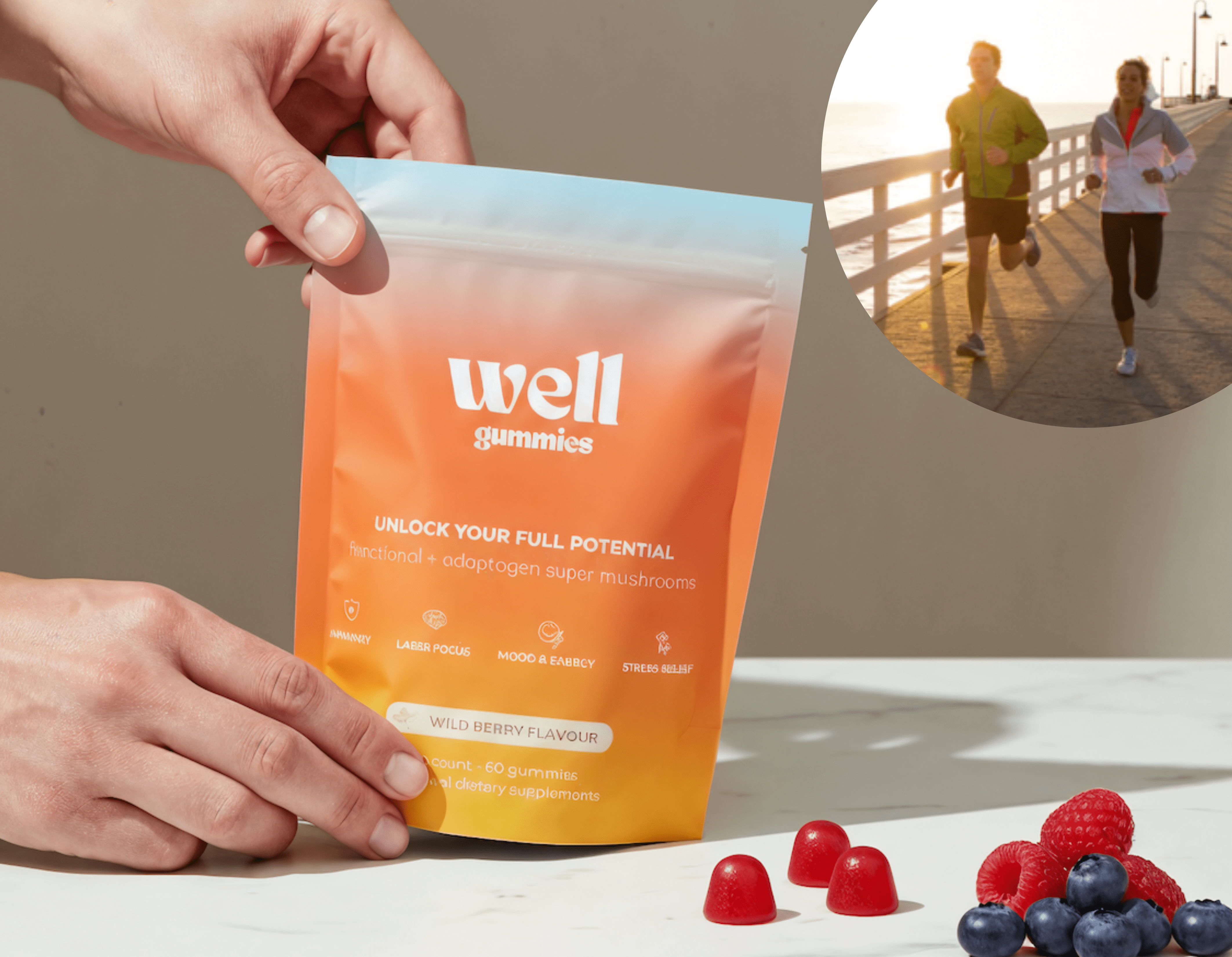 Hand holding a Well Gummies package with berries and gummies on the table, inset shows two people jogging.