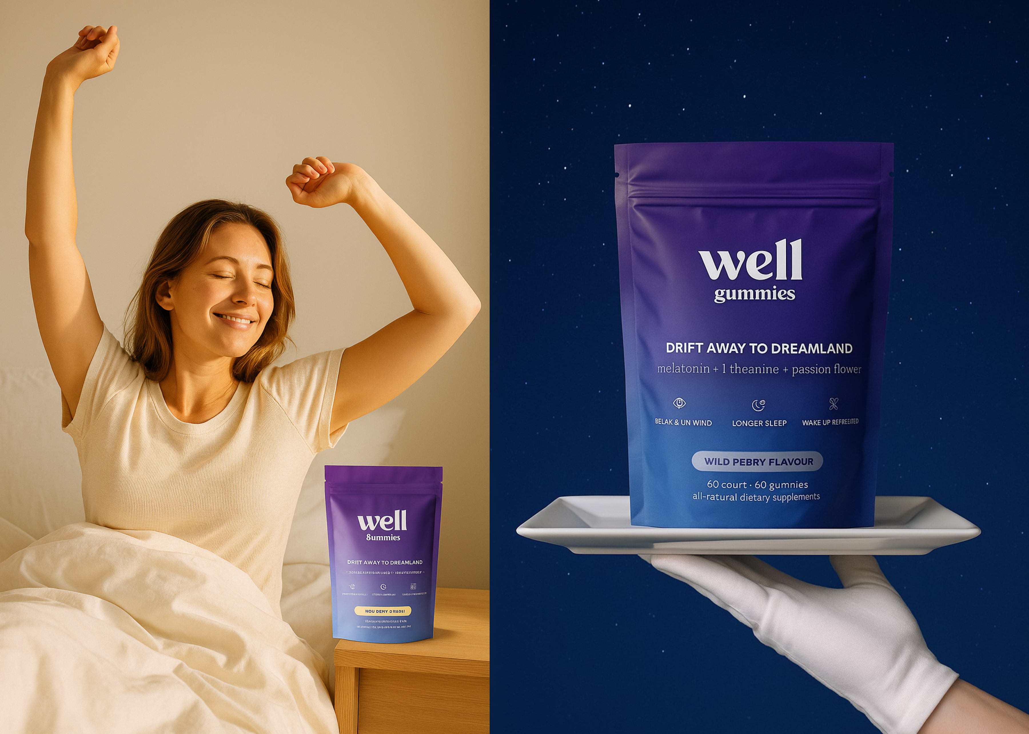 Woman stretching in bed next to a package of sleep gummies.