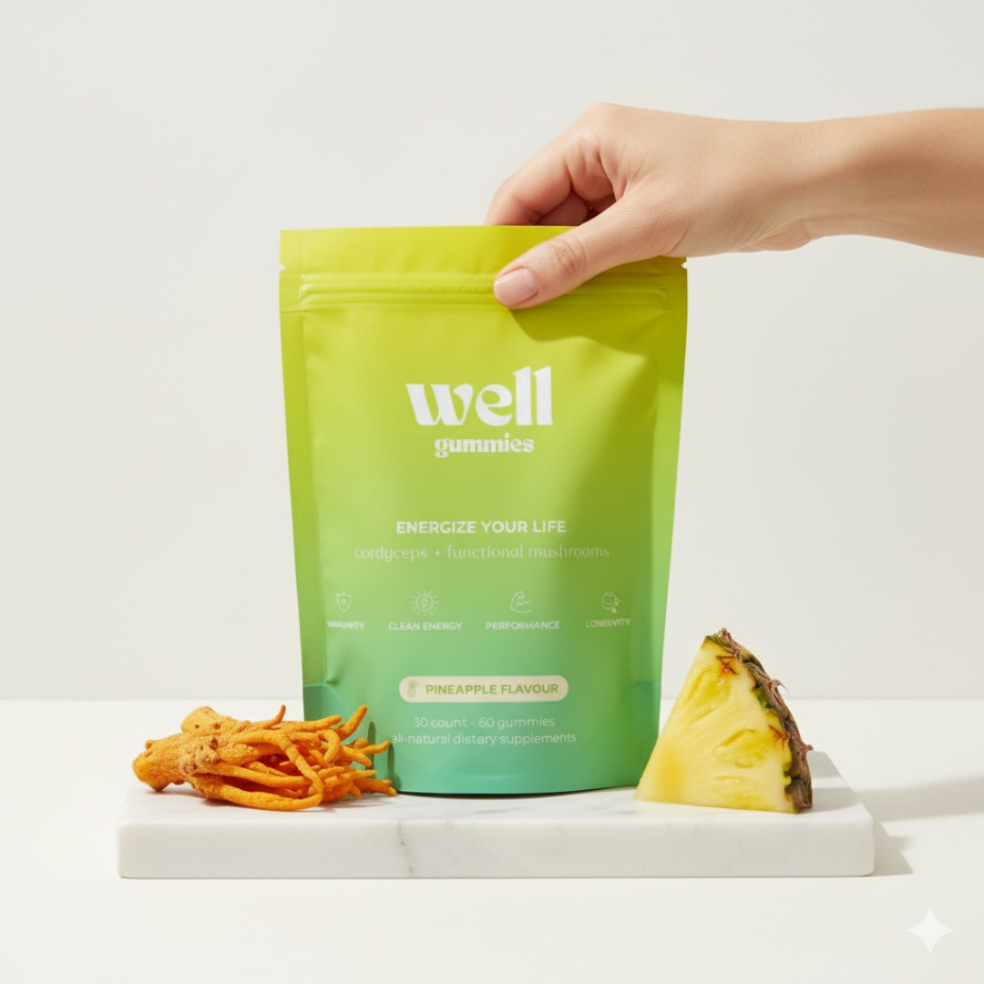 Green bag of gummies with mushroom and pineapple on marble slab.