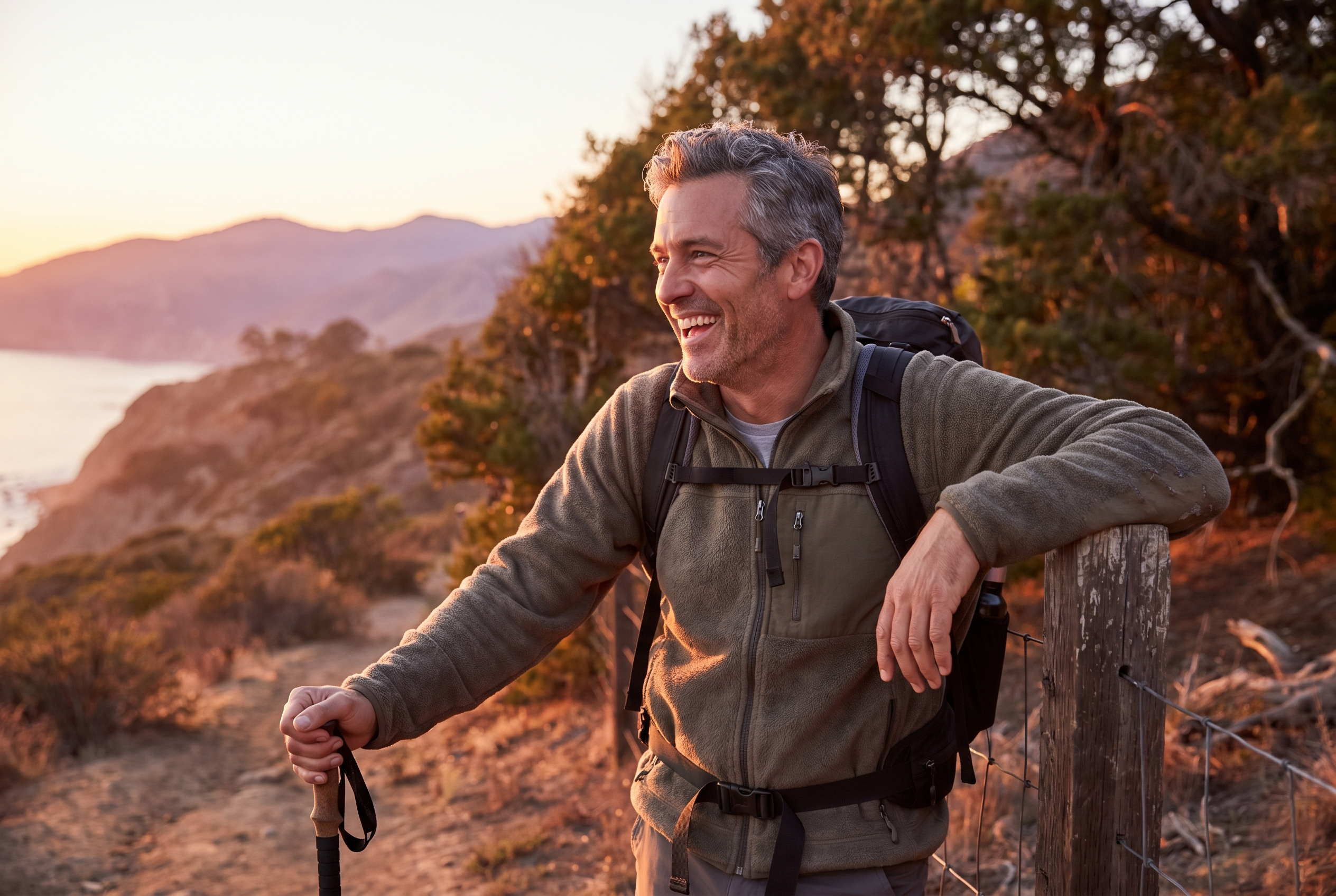 A smiling man in hiking gear leans on a wooden fence post on a scenic trail at sunset.