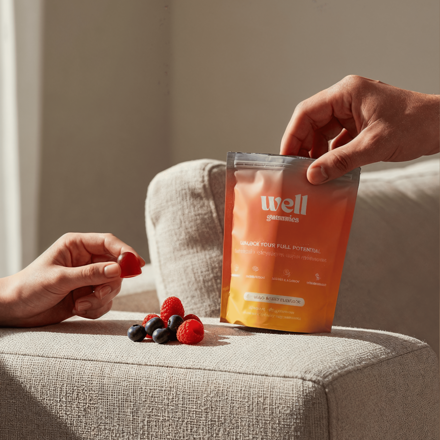 A hand holds a raspberry near a pouch of fruit gummies on a sofa.