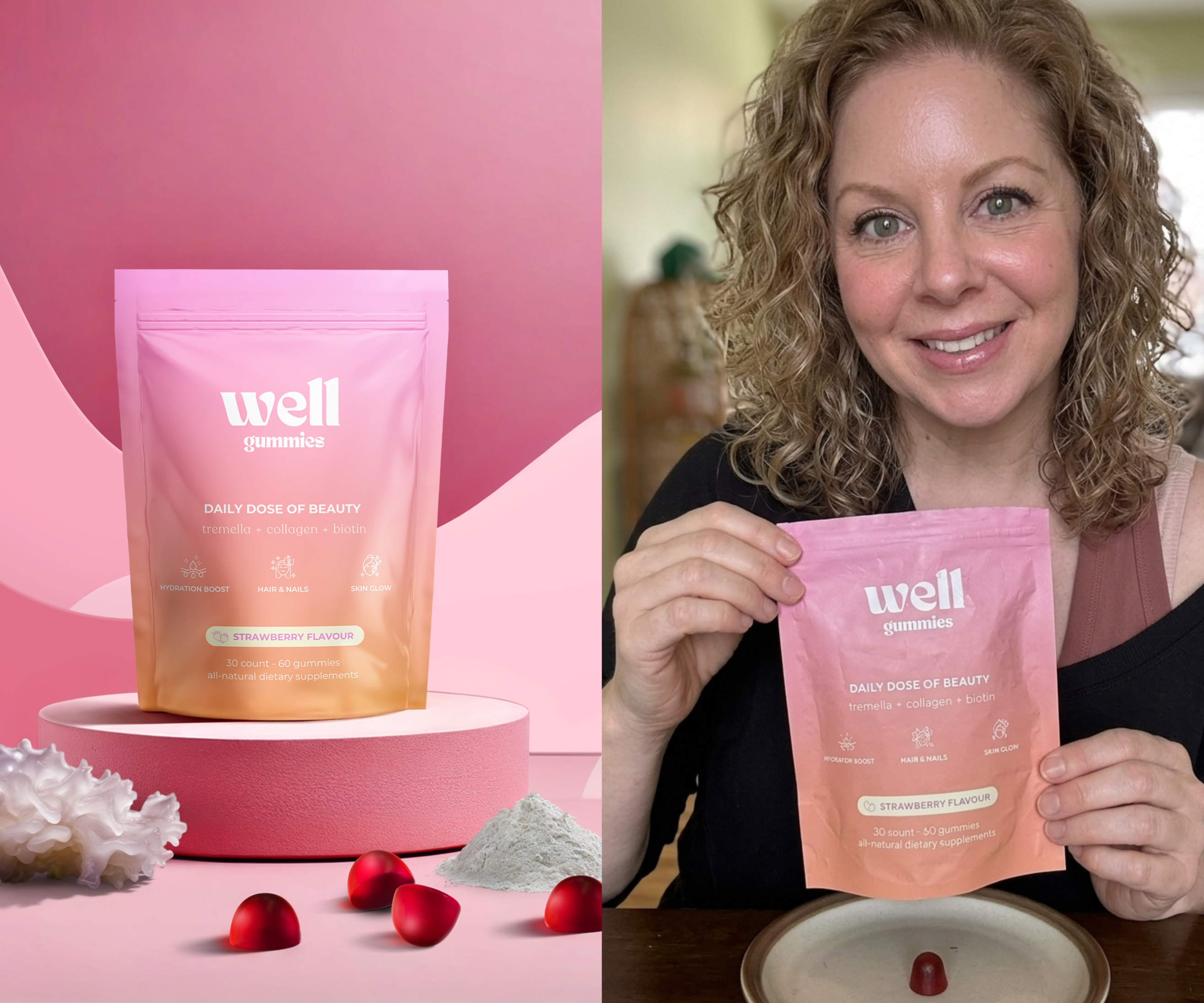 A split image showing a studio shot of Well Gummies and a woman holding the same product.