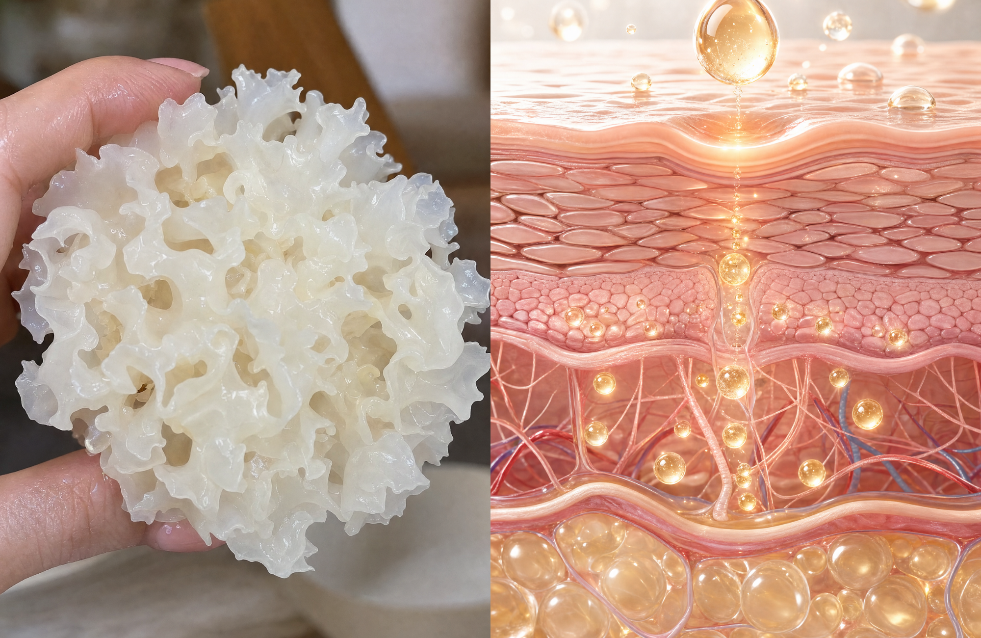 A split image of a hand holding a white fungus and a diagram of skin layers absorbing serum.
