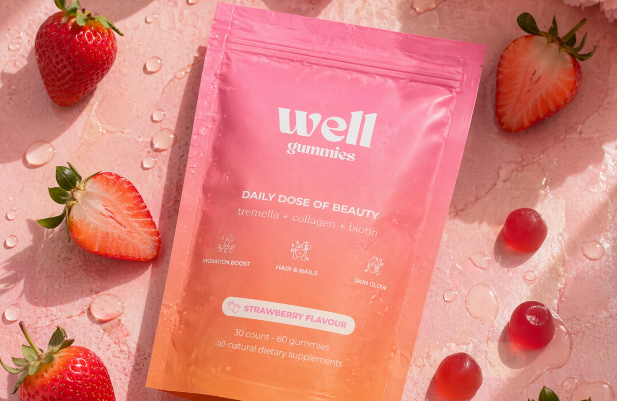 A pink pouch of strawberry-flavored well gummies is surrounded by fresh strawberries and water droplets on a pink surface.
