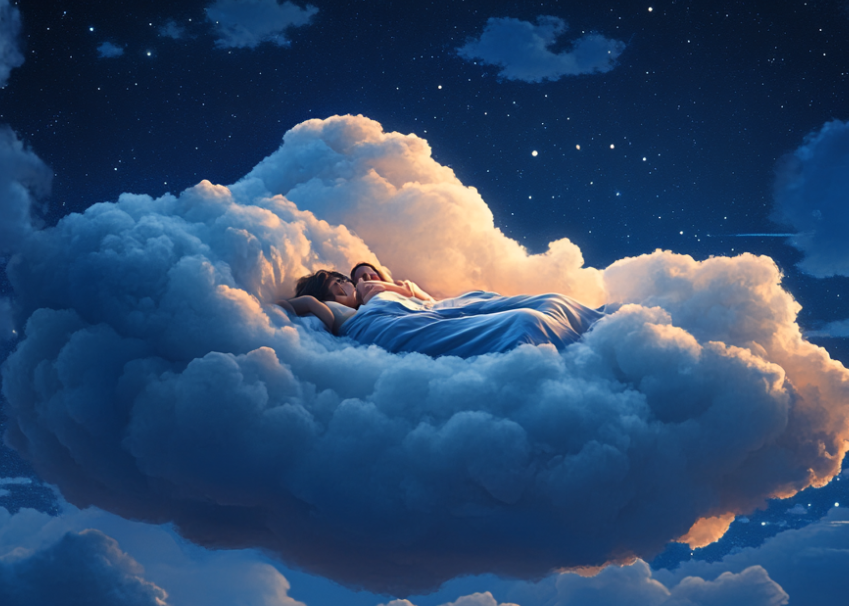 Two people sleeping on a cloud under a starry night sky.