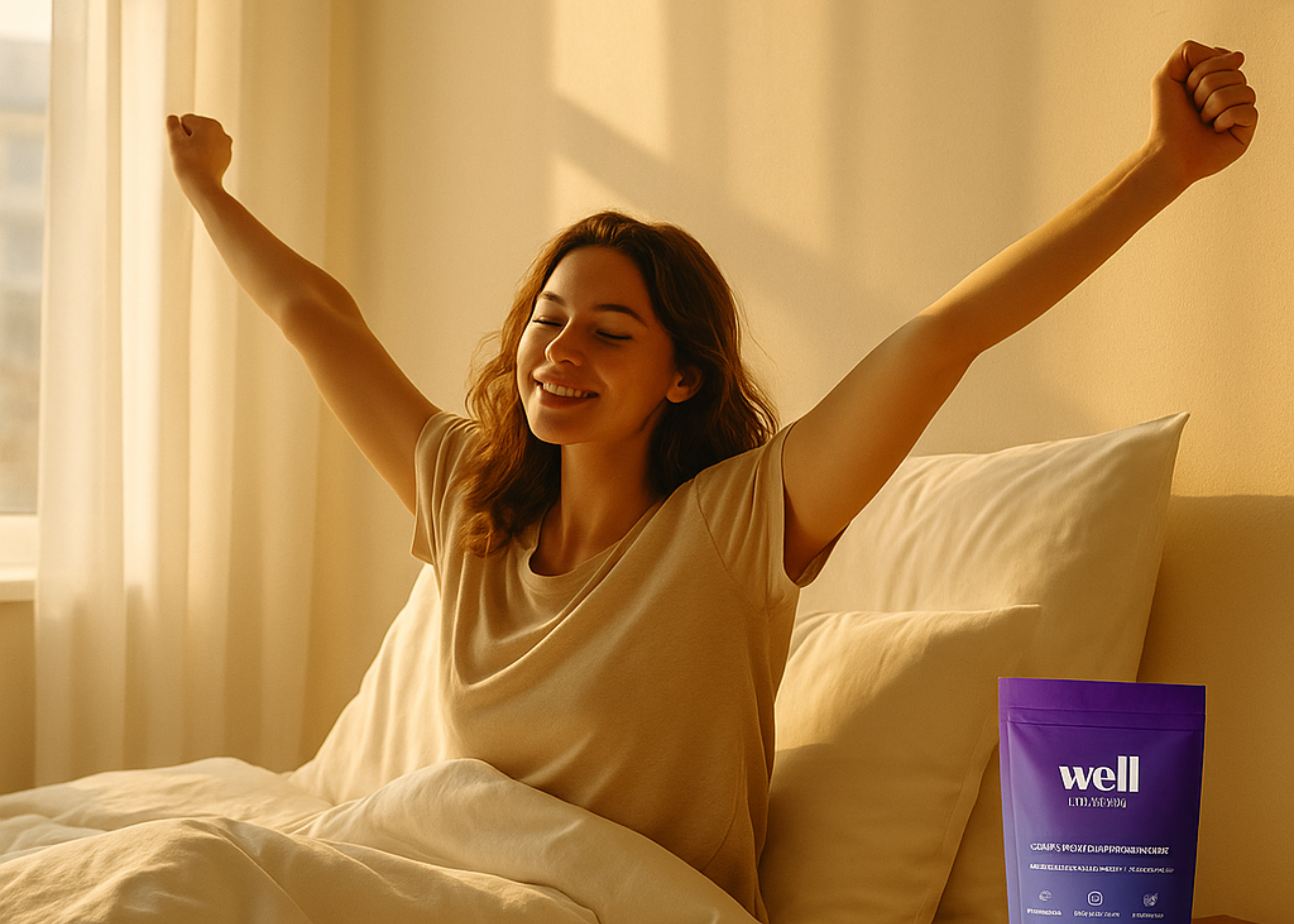 Woman stretching in bed with a purple product package nearby.