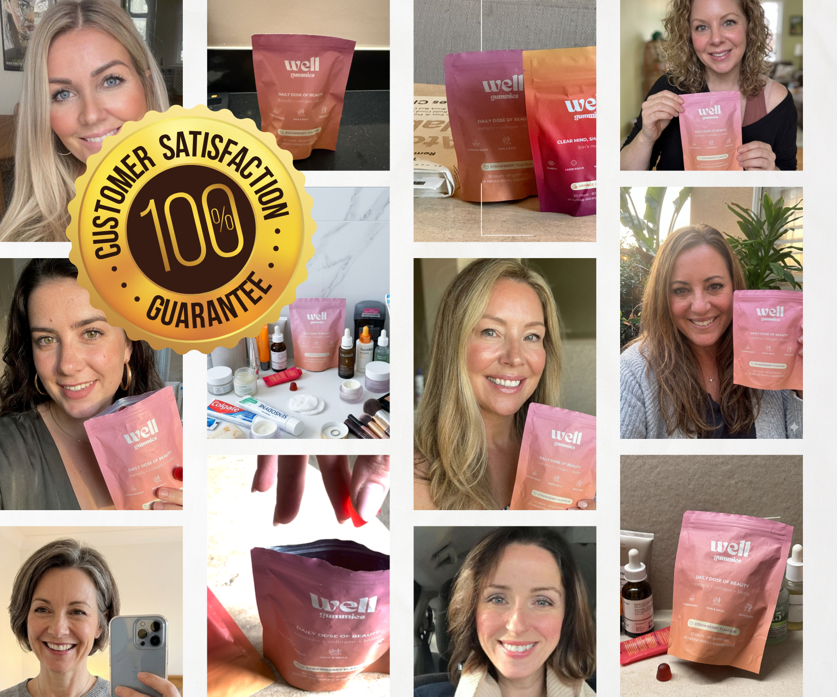 A collage of smiling women holding Well gummies, with a 100% customer satisfaction guarantee seal.