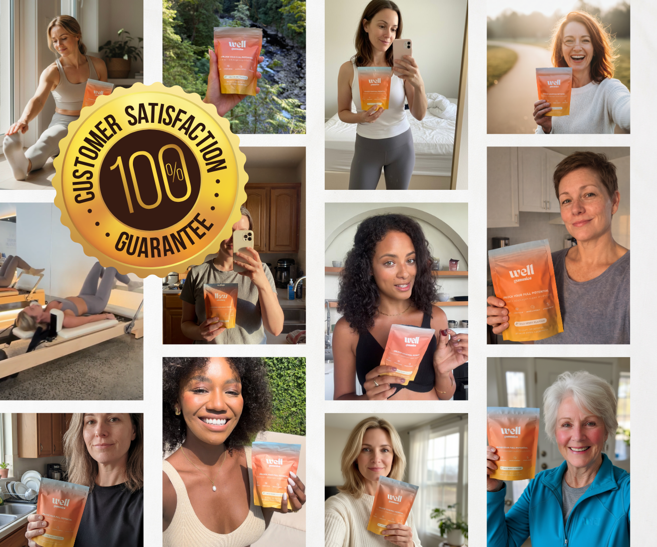 A collage of diverse women holding a 'Well' brand product, with a 100% customer satisfaction guarantee seal.