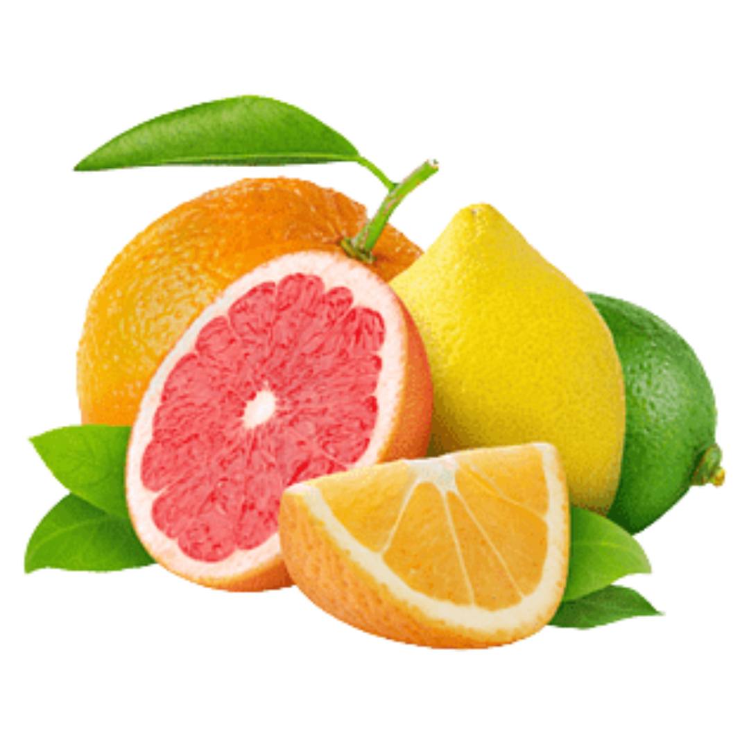 Assorted citrus fruits with leaves, including grapefruit, lemon, lime, and orange slices.